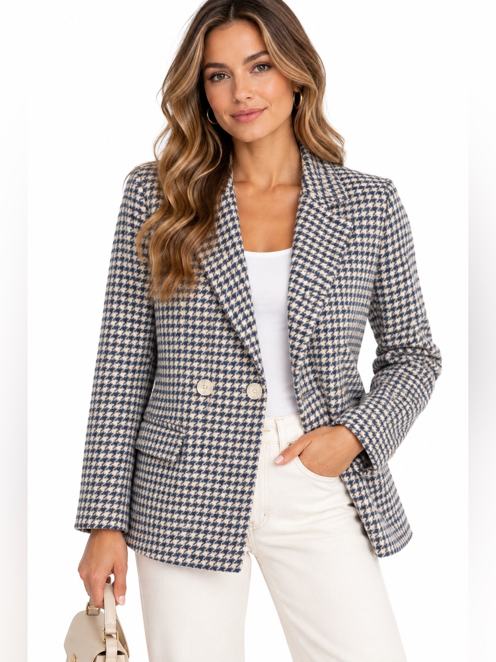 Houndstooth Double-Breasted Blazer Jacket -Ivory Blue
